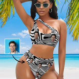 Custom Face Zebra Print Women's Off-Shoulder Bikini Set One Shoulder Cutout Bikini Set Two Piece Bathing Suit