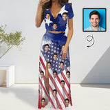 Custom Face USA Flag Print Beach Outfits Dress Personalized Women's V-neck Split Maxi Dresses Skirt Set