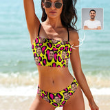 Custom Husband Face Yellow Leopard Print Bikini Personalized Bathing Suit Women's Suspenders Bandeau Bikini Set Two Piece Swimsuits