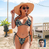 Custom Face Plants Flowers Deep V Neck Tie Side Low Waisted Triangle Bikini Personalized Bathing Suit Women's Two Piece Swimsuit Summer Beach Pool Outfits