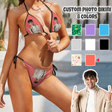 [8 Colors] [S-5XL] Custom Photo/Pattern String Halter Tie Side Low Waisted Triangle Bikini Swimsuit Women's Two Piece Bathing Suit Summer Beach Pool Outfits