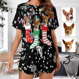 【Discount - limited time】Custom Pet Face Dog Christmas Socks Pajama Set Women's Short Sleeve Top and Shorts Loungewear Athletic Tracksuits