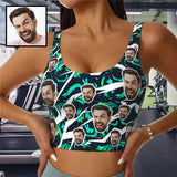 Custom Face Green Swirl Sports Bra Personalized Women's All Over Print Yoga Sports Bra