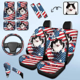 Custom Face American Flag Car Accessories Set Car Seat Covers Set of 4 Steering Wheel Cover Car Floor Mats Car Shift Knob Cover&Hand Brake Cover Seat Belt Pads