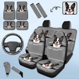 Custom Pet Face Stripe Car Accessories Set Car Seat Covers Set of 4 Steering Wheel Cover Car Floor Mats Car Shift Knob Cover&Hand Brake Cover Seat Belt Pads