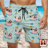Custom Girlfriend Face Flamingo Pool Men's Casual Quick-drying Beach Shorts