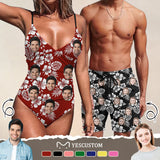 Couple Matching Beach Shorts&One Piece Swimsuit Custom Face Flowers Personalized Photo Men's Quick-drying Beach Shorts