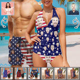 Custom Face American Flag Couple Matching Women's Tankini Sets&Men's Quick Dry 2 in 1 Beach Shorts