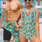 Custom Face Pineapple Couple Matching Women's Tankini Sets&Men's Quick Dry 2 in 1 Beach Shorts