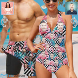Custom Face Pink Flamingo Couple Matching Women's Tankini Sets&Men's Quick Dry 2 in 1 Beach Shorts