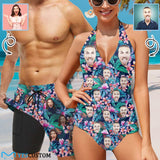 Custom Face Tropical Flower Couple Matching Women's Tankini Sets&Men's Quick Dry 2 in 1 Beach Shorts