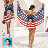 Custom Face USA Flag Pentagram Beach Wraps Chiffon Sarong Bikini Swimsuit Cover Ups Skirt Tassels Independence Day