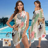 Custom Pet Big Face Leaves Beach Wraps Chiffon Sarong Bikini Swimsuit Cover Ups Skirt Tassels
