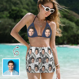 Custom Big Face Summer Leaves Bikini Set Personalized Halterneck String Three-Pieces Bikini Skirts Set