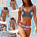 Custom  Face American Flag Tie Cutout Bikini Set Personalized Low Waisted Bikini Swimsuit Beach Outfits