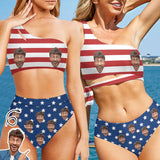Custom Face American Flag Women One Shoulder Bikini Set High Waisted Tie Cut Two Piece Swimsuits