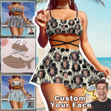 Custom Face Black Flowers Bikini Set Women's String Three-Piece Bikini Skirt
