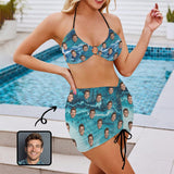 Custom Face Blue Bikini Set Personalized Women's Drawstring Halterneck Three-Piece Swimsuit Skirt