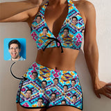 Custom Face Blue Boyshorts Bikini Set Personalized Halter V Neck Top Athletic Bathing Suit High Waisted Bikini