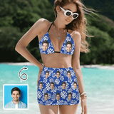 Custom Face Blue Leaves Bikini Set Personalized Halterneck String Three-Pieces Bikini Skirts Set