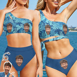 Custom Face Blue Leaves Women One Shoulder Bikini Set High Waisted Tie Cut Two Piece Swimsuits