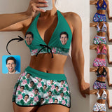 Custom Face Multiple Colors Flowers Boyshorts Bikini Set Personalized Halter V Neck Top Athletic Bathing Suit High Waisted Bikini