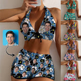 Custom Face Flowers Boyshorts Bikini Set Personalized Halter V Neck Top Athletic Bathing Suit High Waisted Bikini
