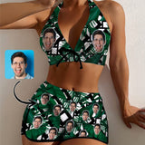 Custom Face Green Boyshorts Bikini Set Personalized Halter V Neck Top Athletic Bathing Suit High Waisted Bikini