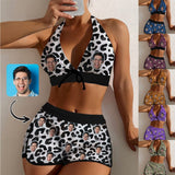 Custom Face Leopard Boyshorts Bikini Set Personalized Halter V Neck Top Athletic Bathing Suit High Waisted Bikini