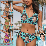 Custom Face Leopard Front Cross Tie Side Bikini Set Personalized Two Piece Swimsuit Bathing Suit