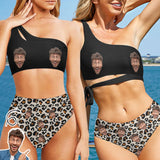 Custom Face Leopard Women One Shoulder Bikini Set High Waisted Tie Cut Two Piece Swimsuits