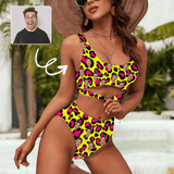 Custom Face Yellow Leopard Women's High Waisted Bikini Sets Personalized High Cut Swimsuits Sporty Cut Out Swimsuits Bathing Suits