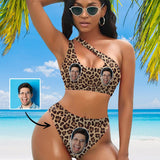 Custom Face Leopard Women's Off-Shoulder Bikini Set One Shoulder Cutout Bikini Set Two Piece Bathing Suit