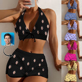 Custom Face Multiple Colors Boyshorts Bikini Set Personalized Halter V Neck Top Athletic Bathing Suit High Waisted Bikini