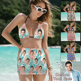Custom Face Palm Leaves Bikini Set Personalized Halterneck String Three-Pieces Bikini Skirts Set