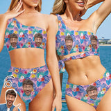 Custom Face Pink&Blue Women One Shoulder Bikini Set High Waisted Tie Cut Two Piece Swimsuits