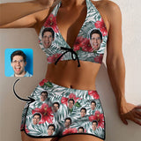 Custom Face Red Flowers Boyshorts Bikini Set Personalized Halter V Neck Top Athletic Bathing Suit High Waisted Bikini