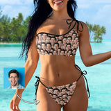 Custom Face Seamless Bikini Set Personalized Women's Off-Shoulder String Swimsuit