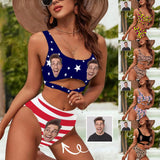 Custom Face US Flag Women's High Waisted Bikini Sets Personalized High Cut Swimsuits Sporty Cut Out Swimsuits Bathing Suits