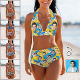 Custom Face Yellow&Blue Halterneck String Bikini Personalized High Waist Two-piece Bikini Swimsuit