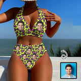 Custom Face Yellow Leopard Back Buckle Bikini Personalized Deep V Neck Triangle Bikini Beach Pool Outfits