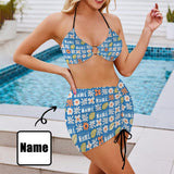 Custom Name Bikini Set Personalized Women's Drawstring Halterneck Three-Piece Swimsuit Skirt