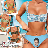 Custom Big Face Blue Leaves Bikini Personalized Women's Wide Shoulder Straps High Waist Bikini Set