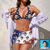 Custom Face American Flag 3-Pieces Bikini Set Halter Neck Top Bikini Skirts with Drawstring