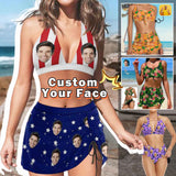 Custom Face American Flag Halter Neck Bikini Set Personalized Drawstring Bikini Skirt