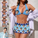 Custom Face Blue 3-Pieces Bikini Set Halter Neck Top Bikini Skirts with Drawstring