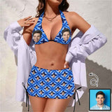 Custom Face Blue Cross 3-Pieces Bikini Set Halter Neck Top Bikini Skirts with Drawstring