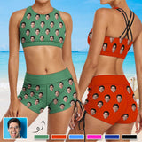 Custom Face Solid Drawstring Boyshorts Bikini Set Personalized High Waisted Bikini Bathing Suit