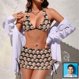 Custom Seamless Face 3-Pieces Bikini Set Halter Neck Top Bikini Skirts with Drawstring