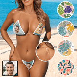 Custom Face Tropical Flowers Transparent String Bikini Set Personalized Women's Two Piece Sexy Summer Bathing Suit